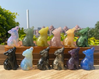 1.2'' Hand Carved Crystal wolf, Natural Gemstone Wolf Statue, Crystal Animal Figurine, Home Decor, Rose Quartz/Opalite/Obsidian, For Gifts