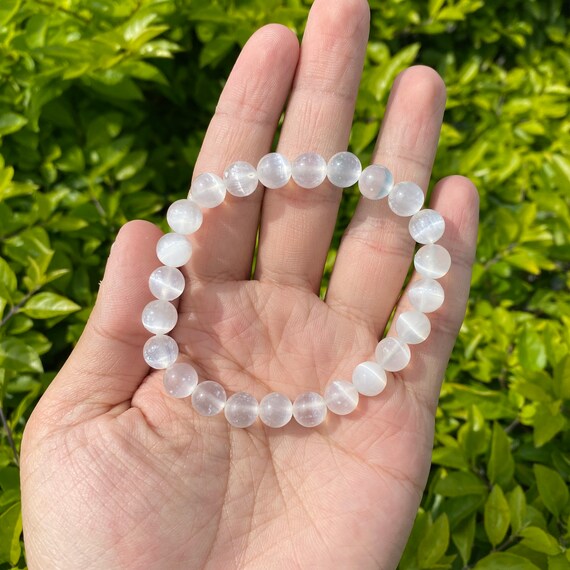 Natural Selenite Round Beads Bracelet, Crystal Stacking Bracelets