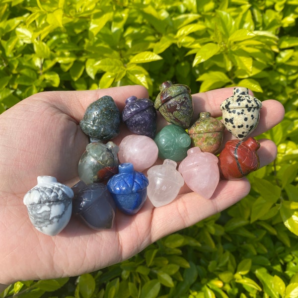 Crystal Acorn Carving, Rose Quartz/Clear Quartz/Blue & Green Aventurine/Moss Agate/Obsidian/Unakite/Lepidolite/Howlite/Dalmation Jasper