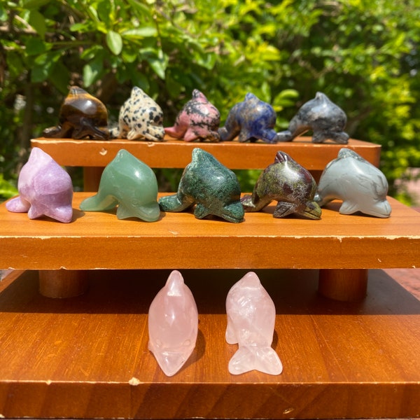 Crystal Dolphin Carving, Gemstone Dolphin Figurine, Stone Animal Sculpture, Reiki Healing, Rose Quartz, Moss Agate, Lepidolite, Aventurine