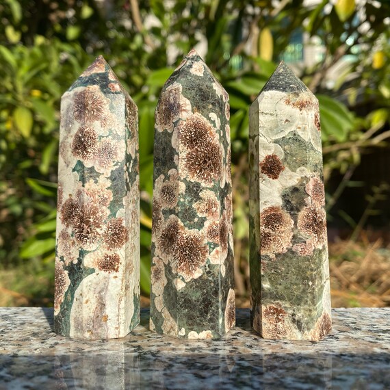 3.5-4'' Green Sakura Flower Agate Tower, Cherry Blossom Agate