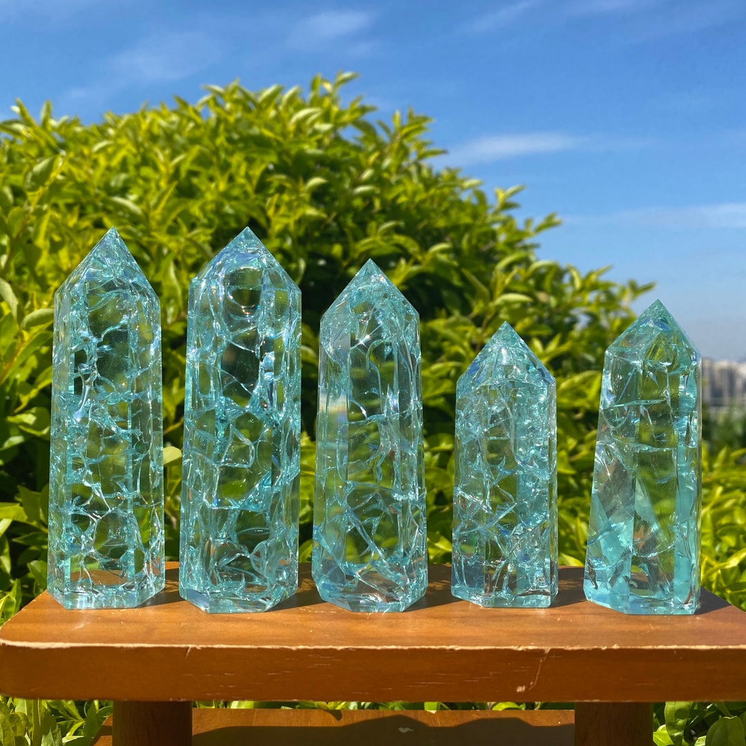 Blue Crackle Quartz Tower, Blue Clear Crackle Crystal Obelisk, Crystal