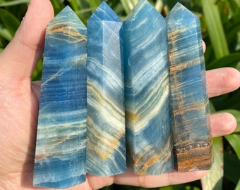Blue Onyx Gemstome Tower, Large Lemurian Blue Onyx Point, Blue Calcite Crystal Tower, Healing Crystal, Improvement Stone, 4 inches