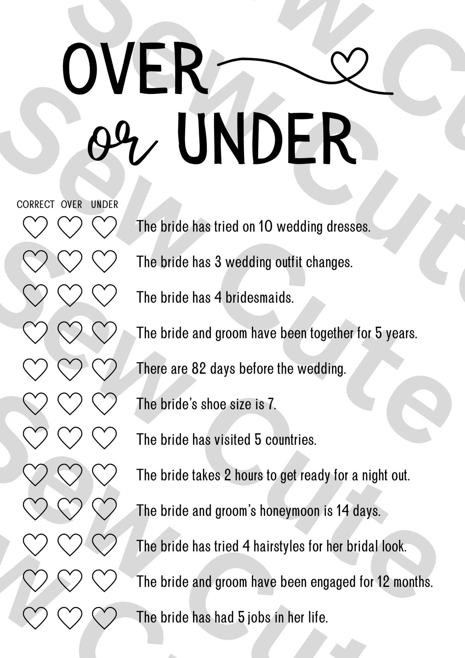 Over or Under Bridal Shower Party Game - Etsy