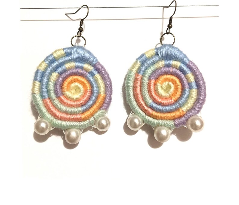 dangle and drop earrings Boho disc colourful earrings woven earrings Pastel colour earrings