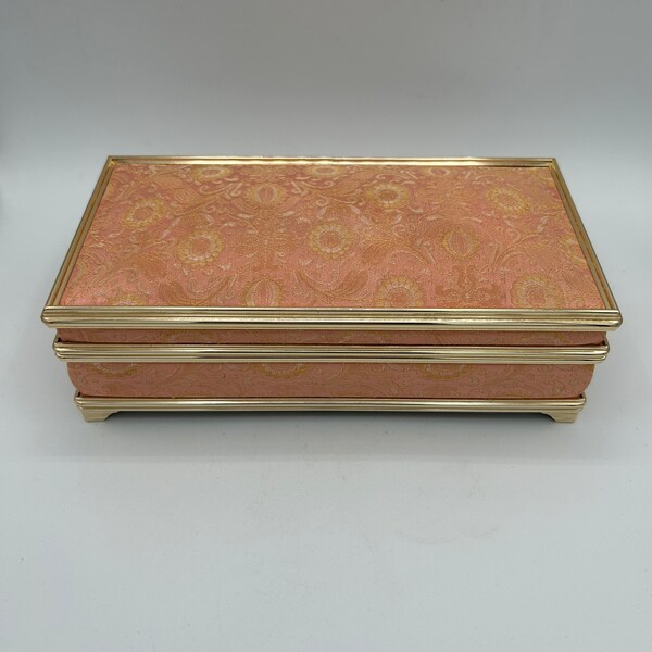 Vintage Pink Gold Fabric Jewelry Box Footed Velvet Lined