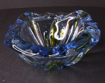 Vintage Art Glass Ashtray Blue Amber 5.5”x3”