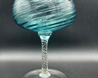 Aqua Blue Italy Empoli Glass Vase Compote Twisted Stem Scallop Lip