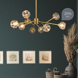 Sputnik Chandelier for Dining Room, Modern Crystal Brass Chandelier, Lighting Fixture  for Living Room Bedroom, Dining Room, Kitchen Island