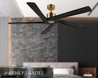 64 Inch Ceiling Fan, Brass Finish with Black Blades, 5 Reversible Solid Wood Blades, 6-Speed Noiseless Fan for Bedroom, Living Room, Office