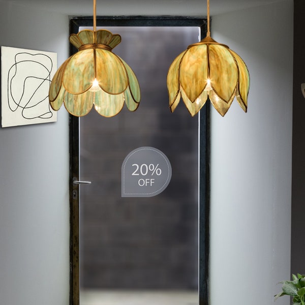 Art Deco Vintage Pendant Lights, Lotus Glass Chandelier Ceiling Lamp, Tiffany Green Lighting Fixture, Living Room, Entryway, Kitchen Island