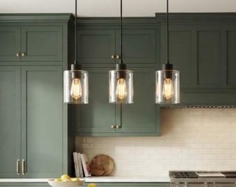 Kitchen Island Pendant Light Set of 3 , Glass Chandelier Light Fixture, Contemporary Dining Room Lighting, Industrial Hanging Ceiling Lamp