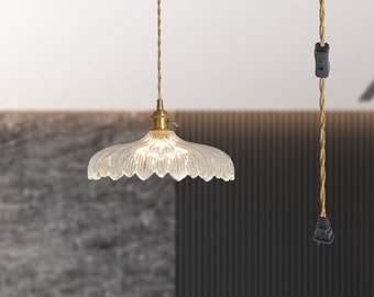 Plug in Clear Glass Light,  Pendant Light For Kitchen Island, Chandelier Light Fixture, Floral Pattern light for Dining, Living and Bedroom