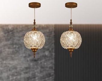 Modern Brass Pendant Lights For Kitchen Island, Glass Antique Chandelier Light Fixture, Floral Pattern light for Dining, Living and Bedroom