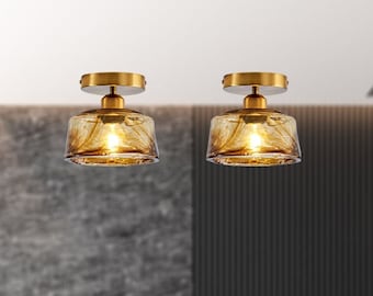 Semi Flush Mount Brass Ceiling Light, Chandelier for Kitchen Island, Farmhouse Ceiling Light for Hallway, Dining, Room, Porch, Corridor