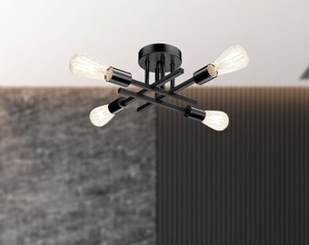 Mid Century Sputnik Light Fixture, Black Kitchen Island Chandelier, Semi Flush Mount Ceiling Light for Bedroom, Bathroom, Hallway, Stairwell