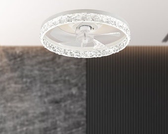 Crystal Ceiling Fan With Light, 20" Low Profile Chandelier, Dimmable 3 Color Light Fandelier with Remote for Bedroom, Office, Kitchen,Dining