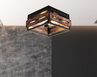 Farmhouse Flush Mount Ceiling Light, Industrial Ceiling Light Fixture, Rustic Wood Chandelier, Square Cage Light for Dining Room,Living Room