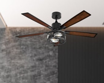 52 Inch Ceiling Fan with Light, Modern Chandelier Ceiling Fan, Indoor Outdoor Ceiling Fan, 5 Wood Blade Hand Carved Fandeleir For Bedroom