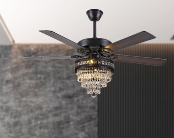 Crystal Ceiling Fan with Lights, 52" Modern Chandelier Lighting, Outdoor Ceiling Fan, Retro- Farmhouse Lighting For Dining Room, Living Room
