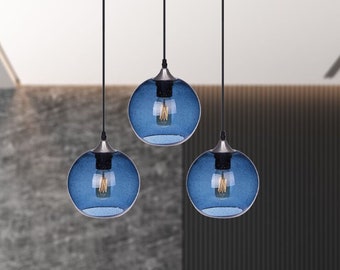 Pendant Lights For Kitchen Island, Glass Globe Chandelier Light Fixture, Hand Blown Glass Lighting, Blue Modern Farmhouse Over Table Light