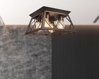 Farmhouse Chandelier For Kitchen Island, Industrial Flush Mount Ceiling Light Fixture, Square Cage Ceiling Lamp for Dining Room, Living Room