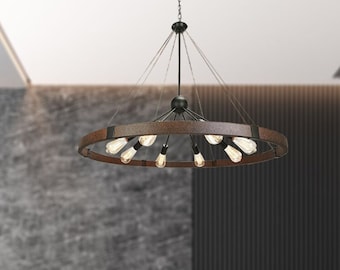 Vintage Wagon Wheel Chandelier, Industrial Rustic Round Light, Farmhouse Chandelier for Dining Room, Hallway, Living Room, Foyer, Island