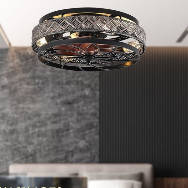 Iron Caged Ceiling Fan with Lights, Pendant Lights for kitchen island, Chandelier Lighting Dine Room, Bedroom, Office, Kitchen,Living Room