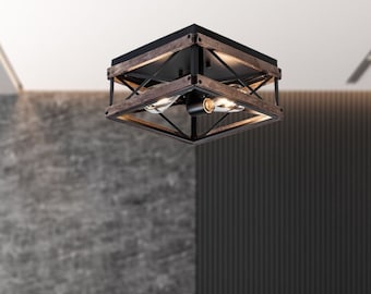 Industrial Ceiling Light Fixture, Farmhouse Flush Mount Ceiling Light, Rustic Wood Chandelier, Square Cage Light for Dining Room,Living Room