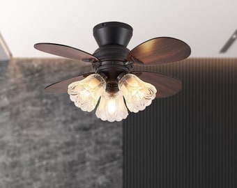 Farmhouse Flush Mount Ceiling Fan with Lights, kitchen island chandeleir, Indoor Outdoor Ceiling Fan, 3 Wood Blade Fandeleir For Bedroom