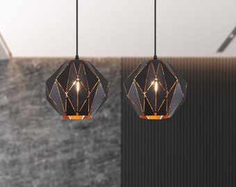 Industrial Pendant for Kitchen Island, Vintage Black Metal Chandelier, Geometric Diamond Shade Light for Bedroom, Entryway, Hallway, Closet