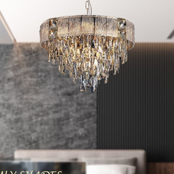 Modern Round Crystal Chandelier, Pendant Lights for Kitchen Island, Rustic Ceiling Light Fixture For Bedroom, Living Room, Office, Entryway