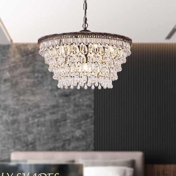 Modern Round Crystal Chandelier, Pendant Lights for Kitchen Island, Rustic Ceiling Light Fixture For Bedroom, Living Room, Office, Entryway