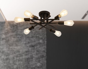Farmhouse Chandelier For Dining Room, Industrial Pendant Lights for Kitchen Island, Black Sputnik Light Fixture For Bedroom, Living Room