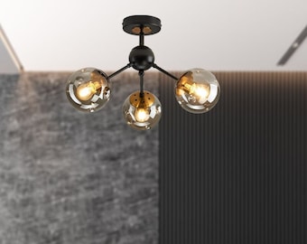Modern Black Ceiling Light Fixture, Glass Globe Chandelier, Flush Mount Pendant Light for Dining Room, Farmhouse,Living Room, Entryway