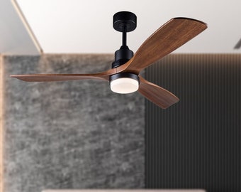 52 Inch Ceiling Fan with Light, Modern Chandelier Ceiling Fan, Indoor Outdoor Ceiling Fan, 3 Wood Blade Hand Carved Fandeleir For Bedroom