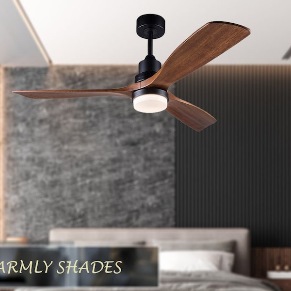 52 Inch Ceiling Fan with Light, Modern Chandelier Ceiling Fan, Indoor Outdoor Ceiling Fan, 3 Wood Blade Hand Carved Fandeleir For Bedroom