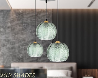 Modern Green Ribbed Glass Chandelier, Pendant Lights For Kitchen Island, Pumpkin Glass Lighting, Farmhouse light for Living and Bedroom