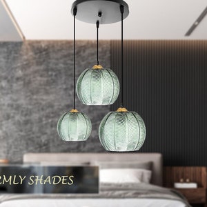 Modern Green Ribbed Glass Chandelier, Pendant Lights For Kitchen Island, Pumpkin Glass Lighting, Farmhouse light for Living and Bedroom