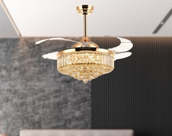 42" Ceiling Fan with Lights, Crystal Flush Mount Pendant Light Chandelier, Fan Lighting for Dine Room, Bedroom, Living Room, Office, Nusery