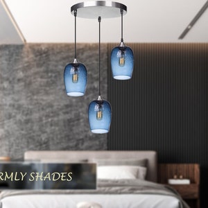 Pendant Lights For Kitchen Island Set of 3, Glass Chandelier Light Fixture, Hand Blown Glass Lighting, Blue Modern Light for Dining, Bedroom