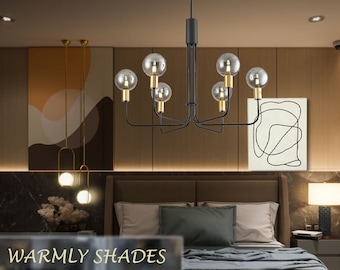 6-Light Farmhouse Chandelier for Dining Room, Mid Century Hanging Pendant Lighting, Ceiling Light Fixtures with Glass Globe for Living Room