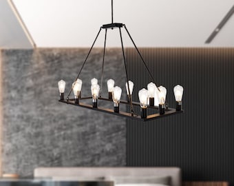 Farmhouse Chandelier For Dining Room, Industrial Pendant Lights for Kitchen Island, Rectangle Ceiling Light Fixture For Bedroom, Living Room