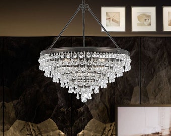 Modern Crystal Chandelier, Contemporary 6 Lights Black Chandelier, Ceiling Light Fixture for Bedroom, Living Room, Entryway, Kitchen Island