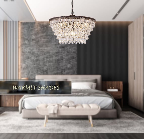 Modern Round Crystal Chandelier, Pendant Lights for Kitchen Island, Rustic Ceiling Light Fixture For Bedroom, Living Room, Office, Entryway