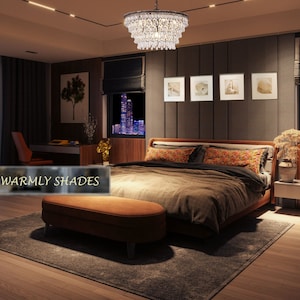 May include: A bedroom with a large bed, a brown ottoman, and a crystal chandelier with a black metal frame. The bed has a brown comforter and patterned pillows. The room has a dark wood floor and a rug.