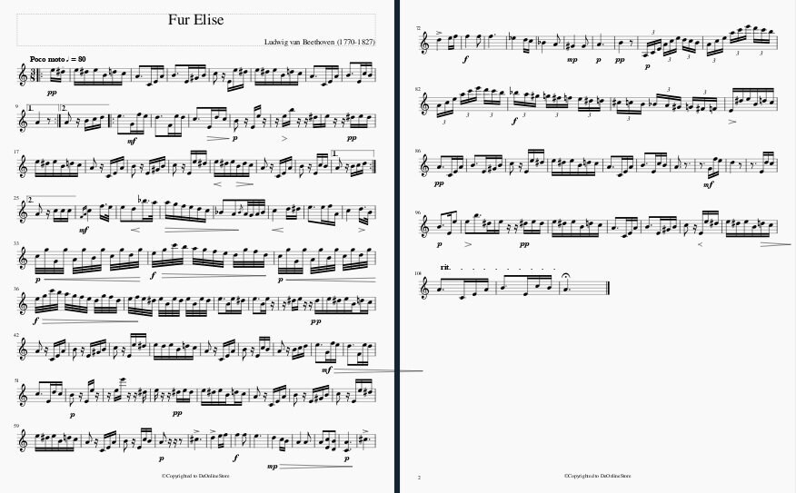 Fur Elise Violin Sheet Music Etsy