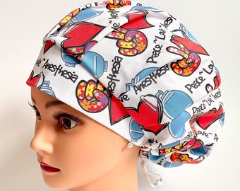 Peace Love Anesthesia Bouffant Scrub hat, CRNA Scrub Hat, Scrub cap, Surgical Scrub hat, Nurse hair cover, Hair cover medical