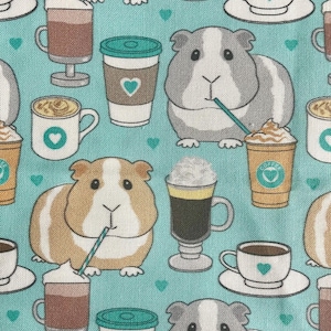 May include: A light blue fabric featuring a repeating pattern of guinea pigs, coffee cups, and to-go coffee cups. The guinea pigs are brown, white, and gray. The coffee cups are brown and white, with green heart accents.
