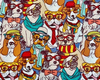 Hipster Dogs in Hats and Glasses Funny Scrub Cap for Women or Men, Surgical Medical Scrub Hat, Bouffant, Ponytail, Mens, Unisex, Euro